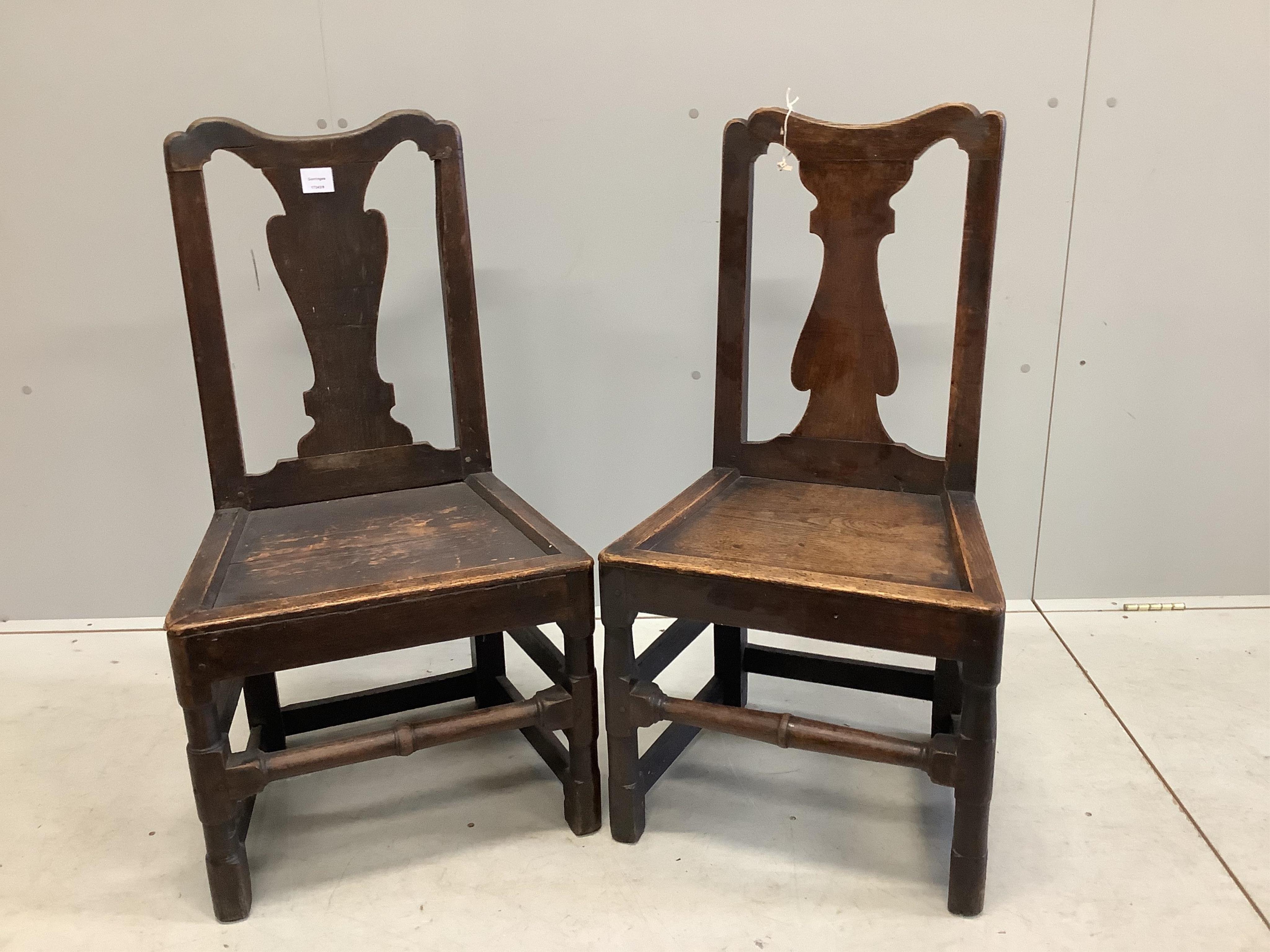 Two 18th century oak wood seat chairs, width 47cm, depth 39cm, height 91cm. Condition - poor